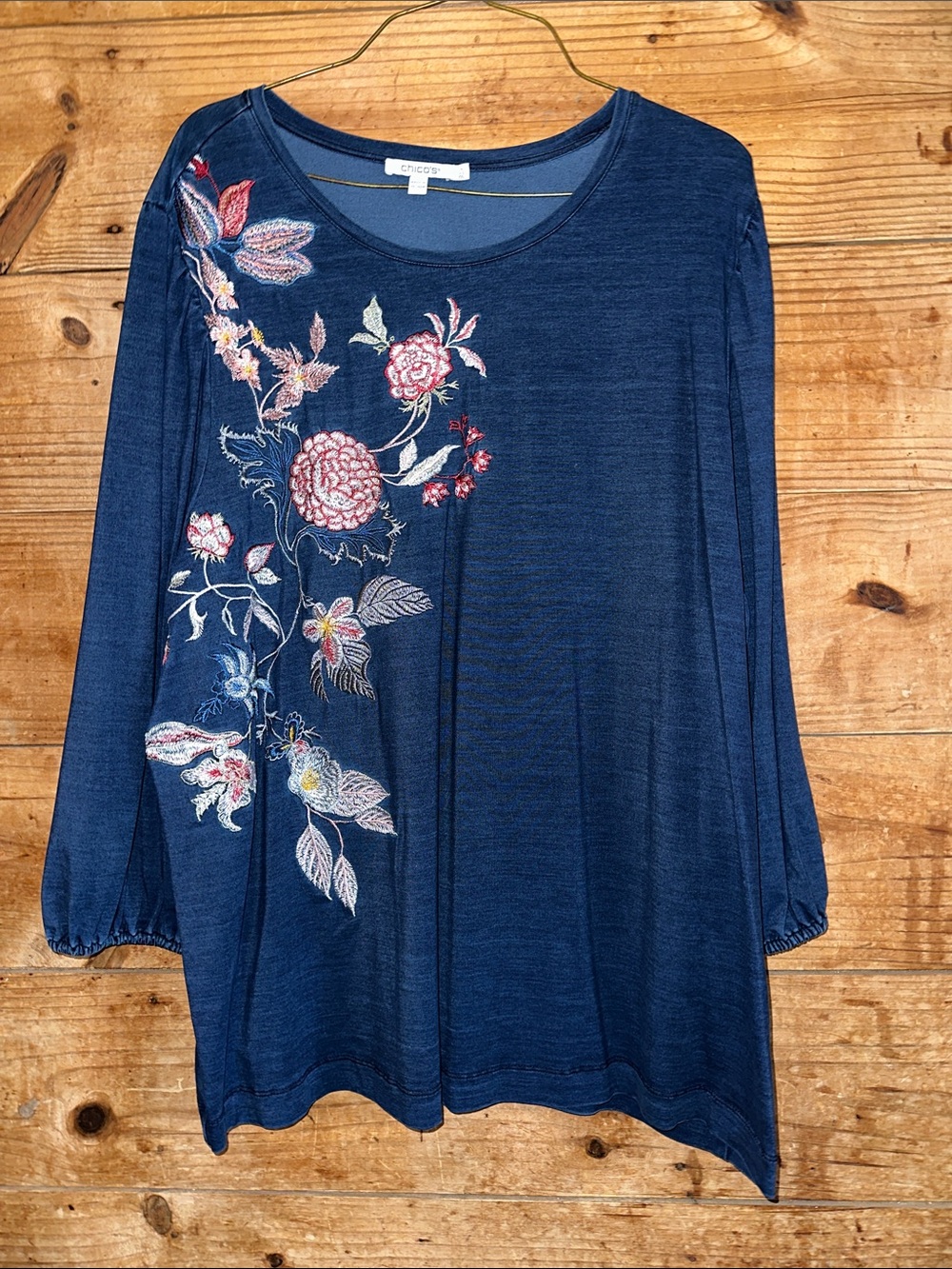 Chico's Navy Floral Embroidered Long-Sleeve Tunic